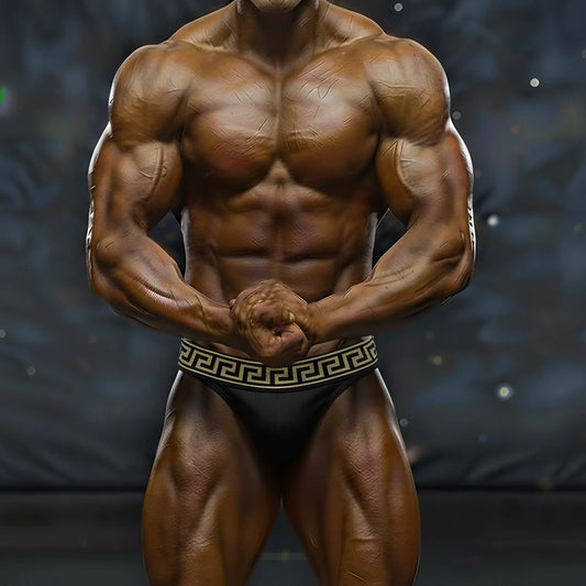 Black briefs with gold greek key waistband pattern from metromalewear metromusclewear muscle trunk leonardo 4700-60