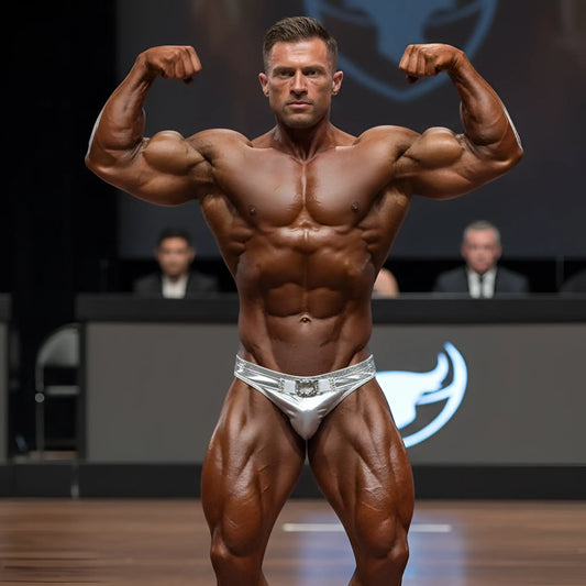 A muscular man wearing shiny silver MetroMaleWear MetroMuscleWear muscle trunk Nevada 4700-07 with decorative belt buckle