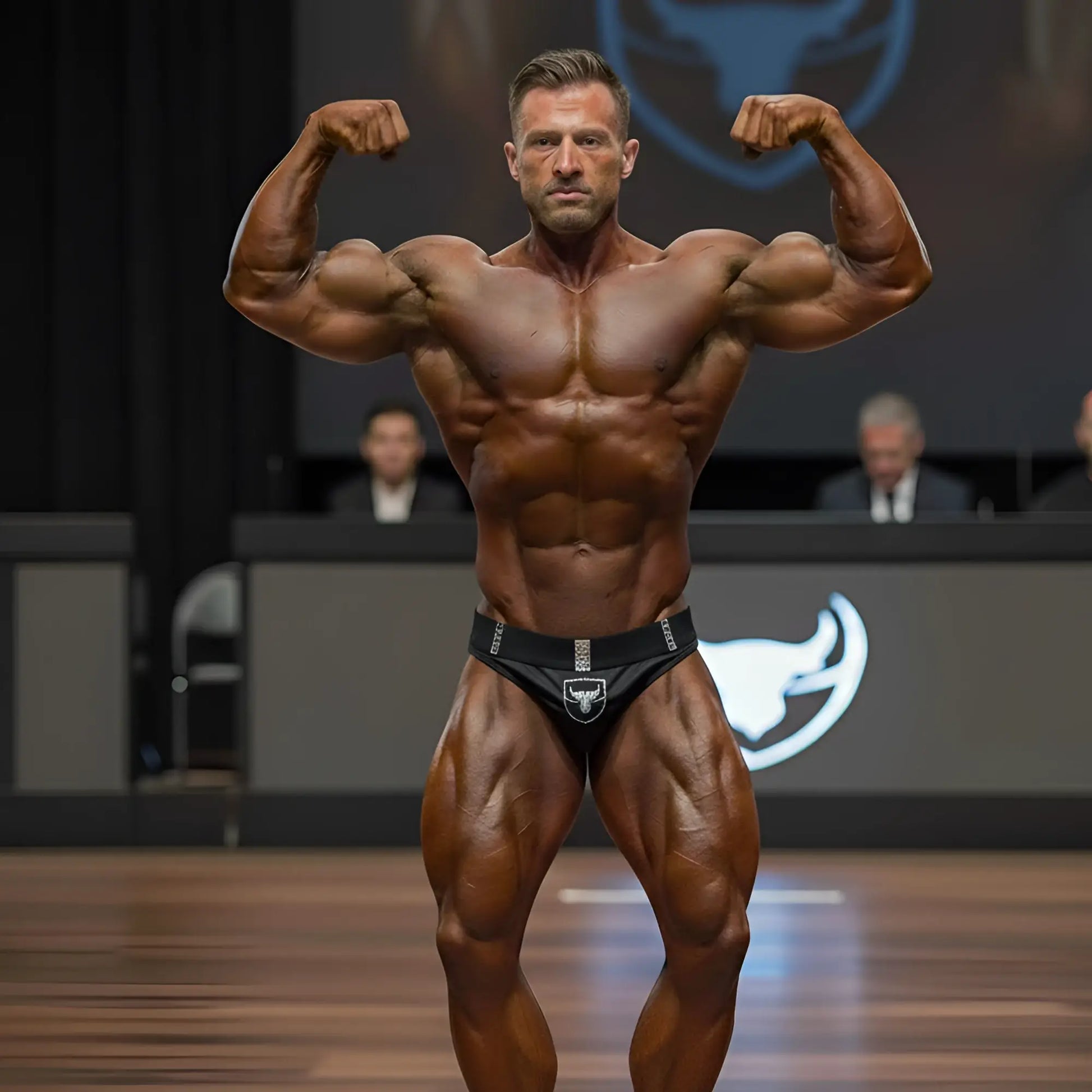 A muscular man wearing black MetroMaleWear obsidiana muscle trunk with white bull logo flexing at a bodybuilding contest