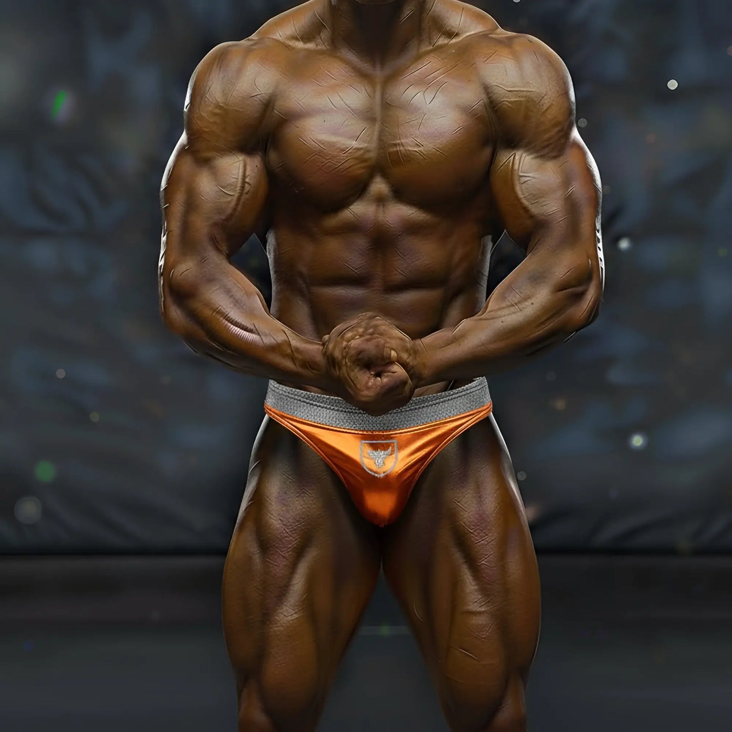 Orange athletic muscle trunk briefs with gray waistband and white logo by metromalewear metro musclwear