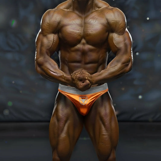Orange athletic muscle trunk briefs with gray waistband and white logo by metromalewear metro musclwear