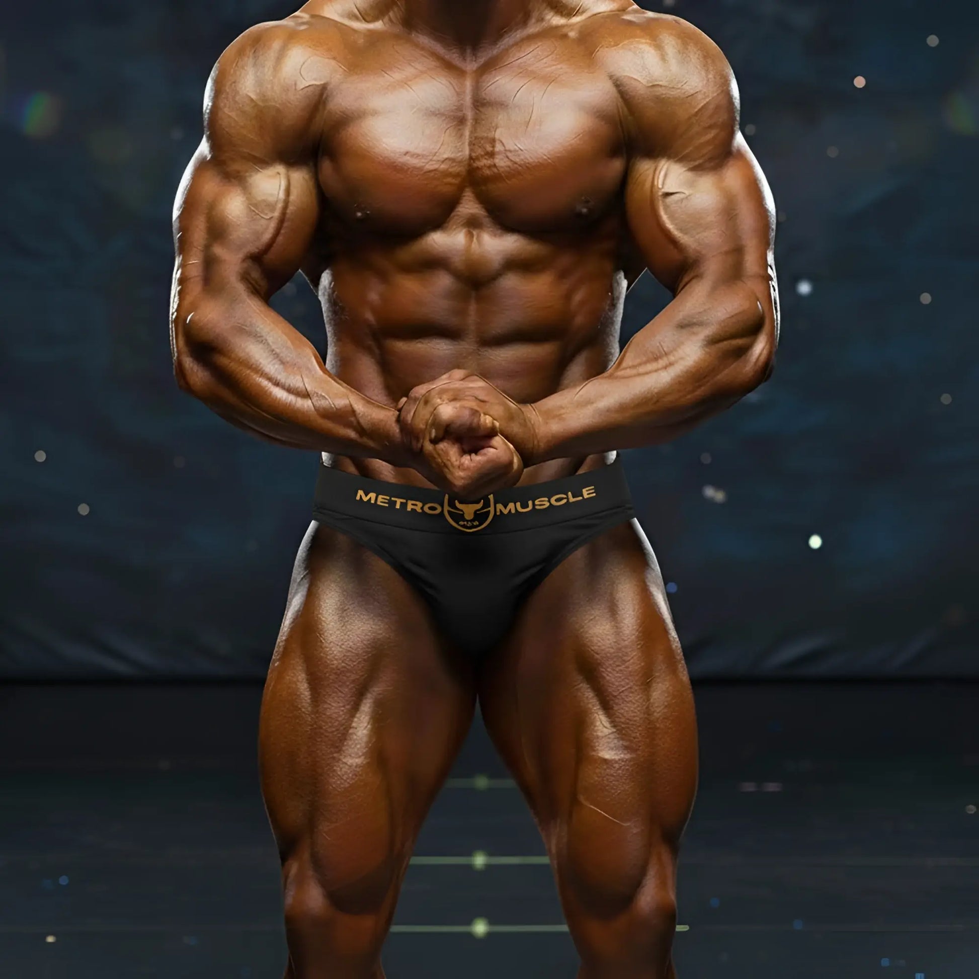 Black athletic muscle trunk briefs with gold metro muscle branding and bull logo by MetroMaleWear