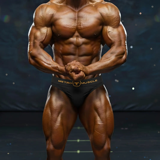 Black athletic muscle trunk briefs with gold metro muscle branding and bull logo by MetroMaleWear