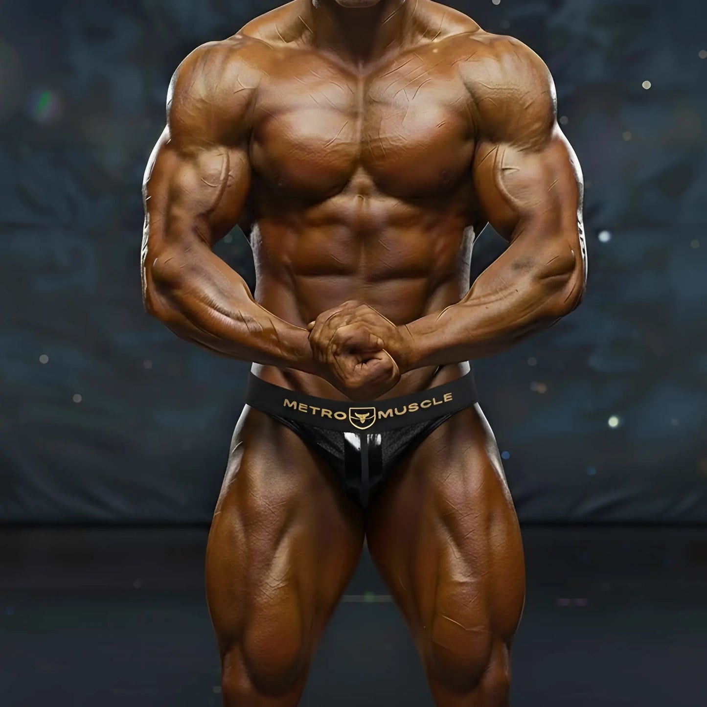 Black metro muscle briefs with a gold logo and central vertical seam from MetroMaleWear Sebastian Competition Suit 4974-44