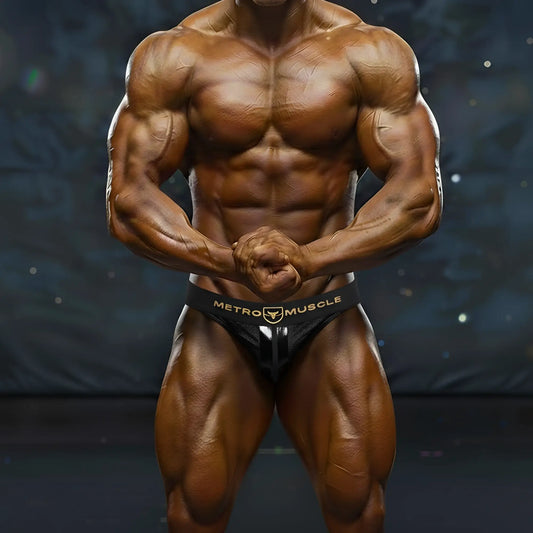 Black metro muscle briefs with a gold logo and central vertical seam from MetroMaleWear Sebastian Competition Suit 4974-44