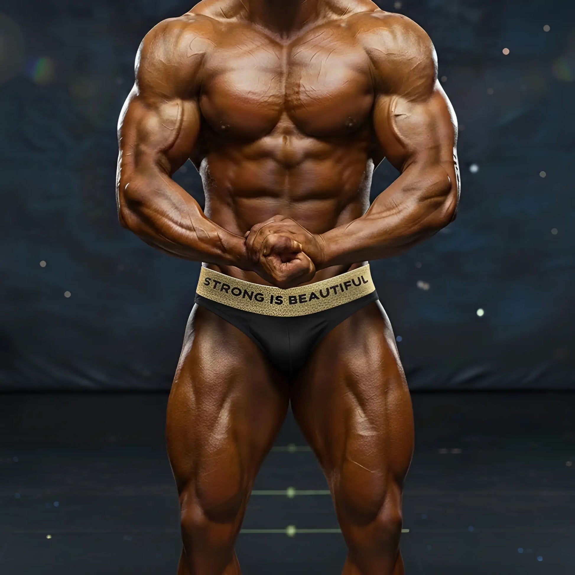 Black briefs with a gold waistband featuring "Strong is Beautiful" text from Metro Muscle Wear competition suit 4974-84.