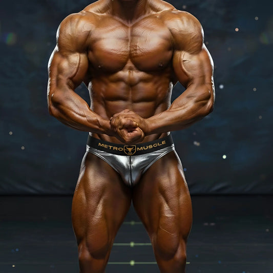 Shiny silver metallic briefs with a black waistband featuring metro muscle logo and gold lettering from metro male wear