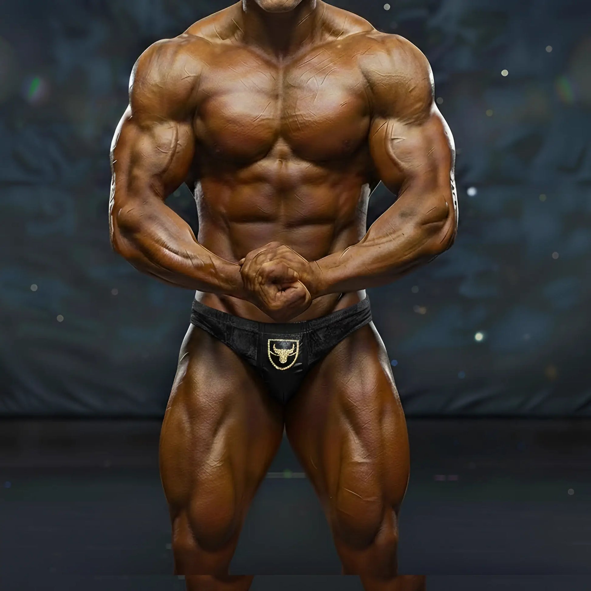 Black athletic briefs with gold bull logo front by MetroMaleWear MetroMuscleWear Theodore Competition Suit
