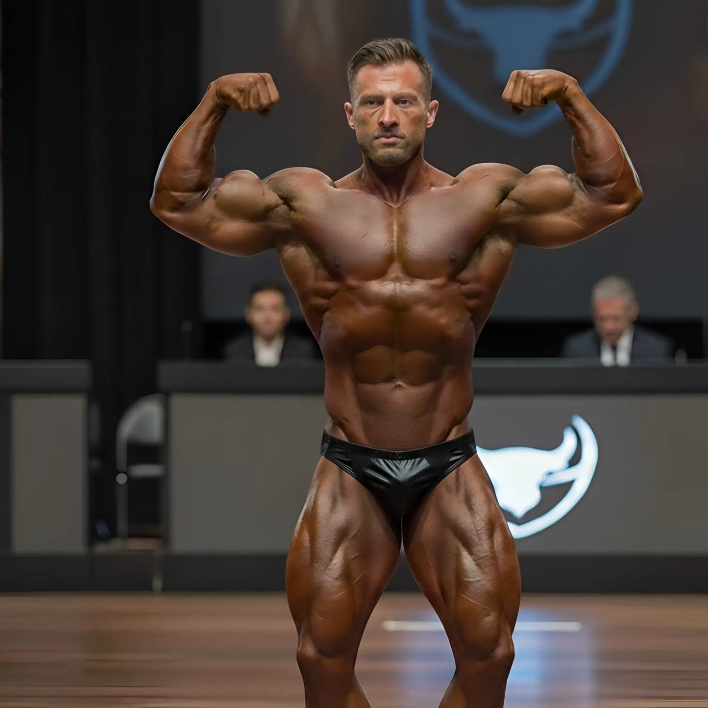 A muscular man wearing black shiny metro musclwear zeus muscle trunk briefs flexing arms on stage