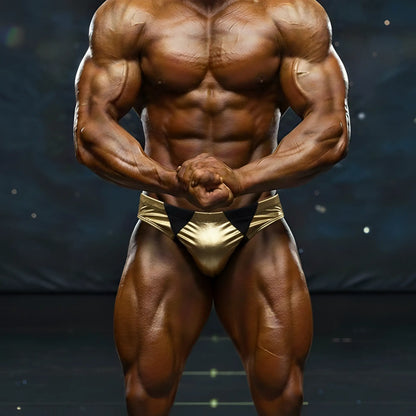 Shiny gold metallic metro musclwear zeus muscle trunk briefs with black triangular accents for men