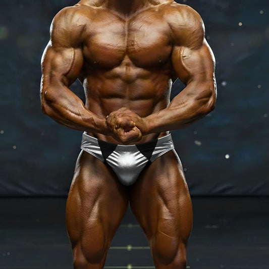 Silver and black metallic bodybuilding briefs with a shiny reflective finish from MetroMaleWear Zeus Muscle Trunk 4700-82