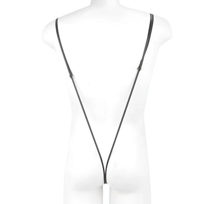Black leather strap with adjustable metal clasps and white cylindrical attachment on metro malewear miami bodysuit black