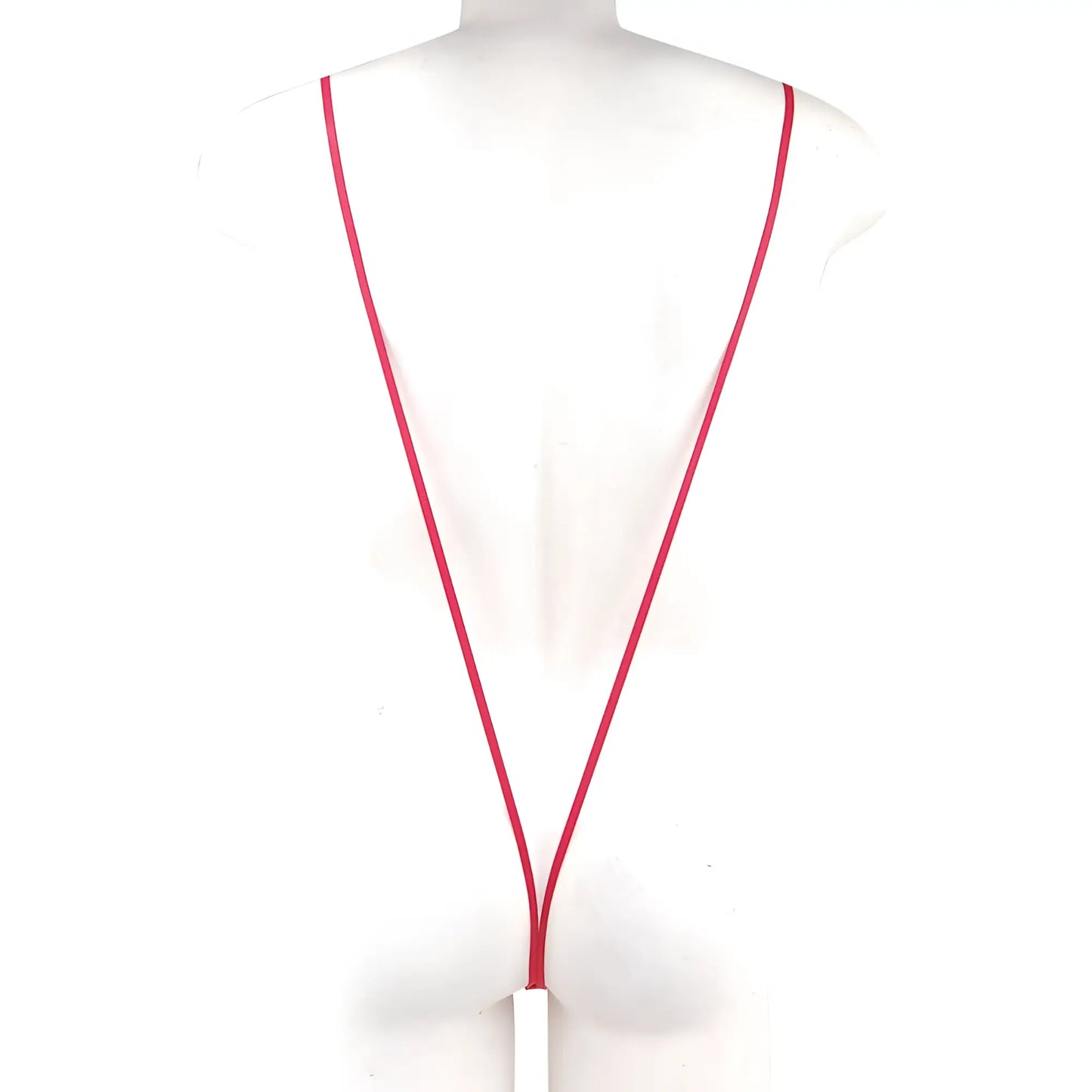 A sleek vibrant red MetroMaleWear Miami bodysuit 0008-12 with a minimalist white rectangular tag on a lanyard