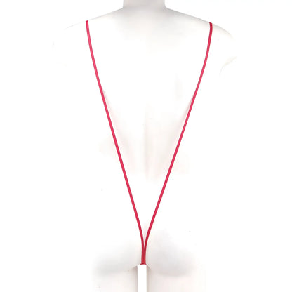 A sleek vibrant red MetroMaleWear Miami bodysuit 0008-12 with a minimalist white rectangular tag on a lanyard