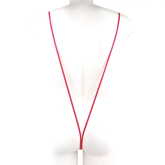 A sleek vibrant red MetroMaleWear Miami bodysuit 0008-12 with a minimalist white rectangular tag on a lanyard
