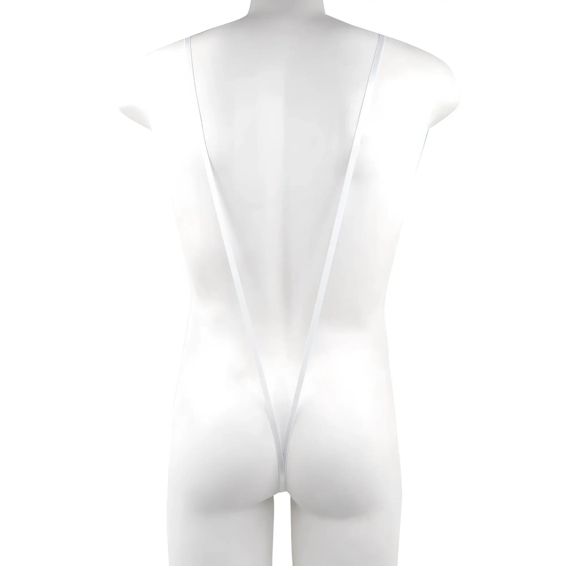White sheer one-piece swimsuit with thin straps and a deep back cutout metroMaleWear Miami bodysuit white 0008-00 back view