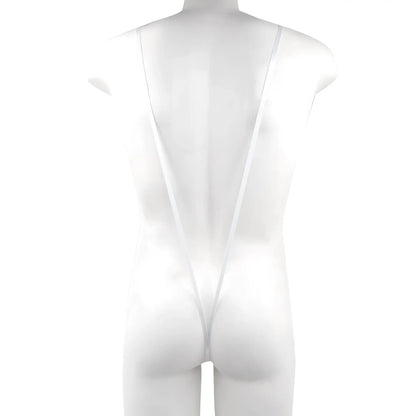 White sheer one-piece swimsuit with thin straps and a deep back cutout metroMaleWear Miami bodysuit white 0008-00 back view