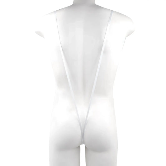 White sheer one-piece swimsuit with thin straps and a deep back cutout metroMaleWear Miami bodysuit white 0008-00 back view