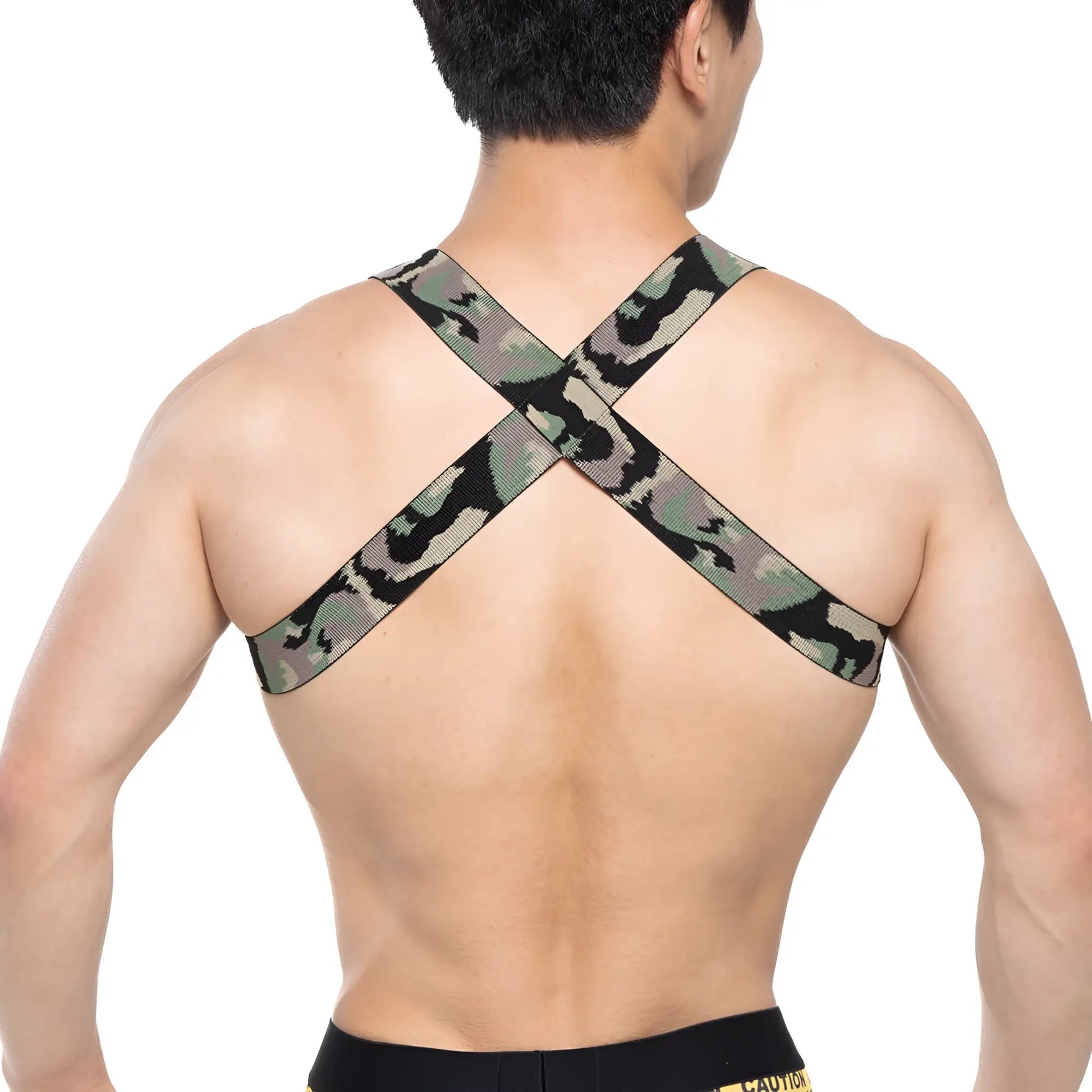 Back view of metromalewear military harness 1400-60 with camouflage elastic straps designed for secure fit