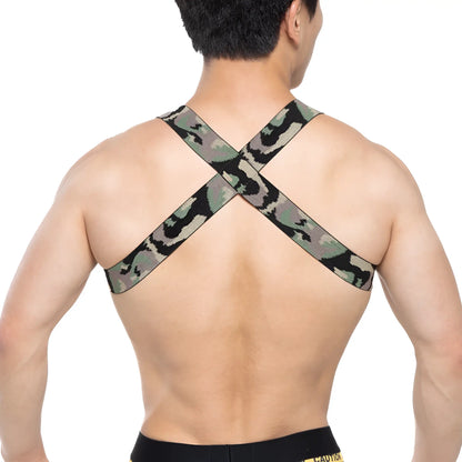 Back view of metromalewear military harness 1400-60 with camouflage elastic straps designed for secure fit