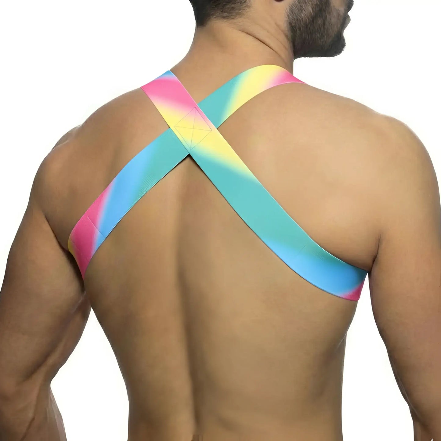 Vibrant rainbow-colored crossback sports bra with smooth stretchy fabric from metromalewear pastel harness 1400-50