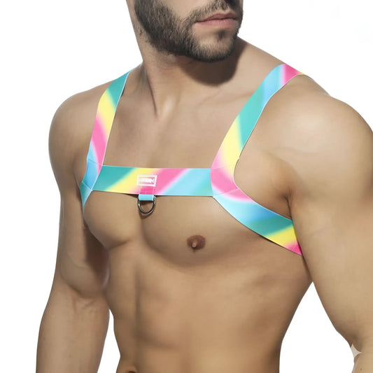 MetroMaleWear pastel harness 1400-50 vibrant rainbow-striped adjustable straps with central metal ring