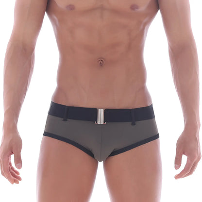 Gray metrohalewear patagonia swim brief with black trim and silver belt buckle in khaki color for swimming use