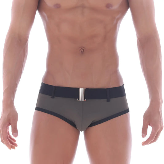 Gray metrohalewear patagonia swim brief with black trim and silver belt buckle in khaki color for swimming use