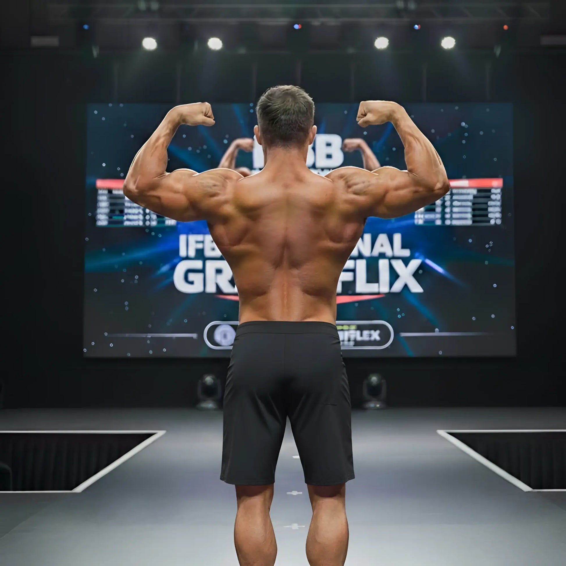 A muscular man shows the back side of metro malewear physique board short stripe 4706-47 black on stage
