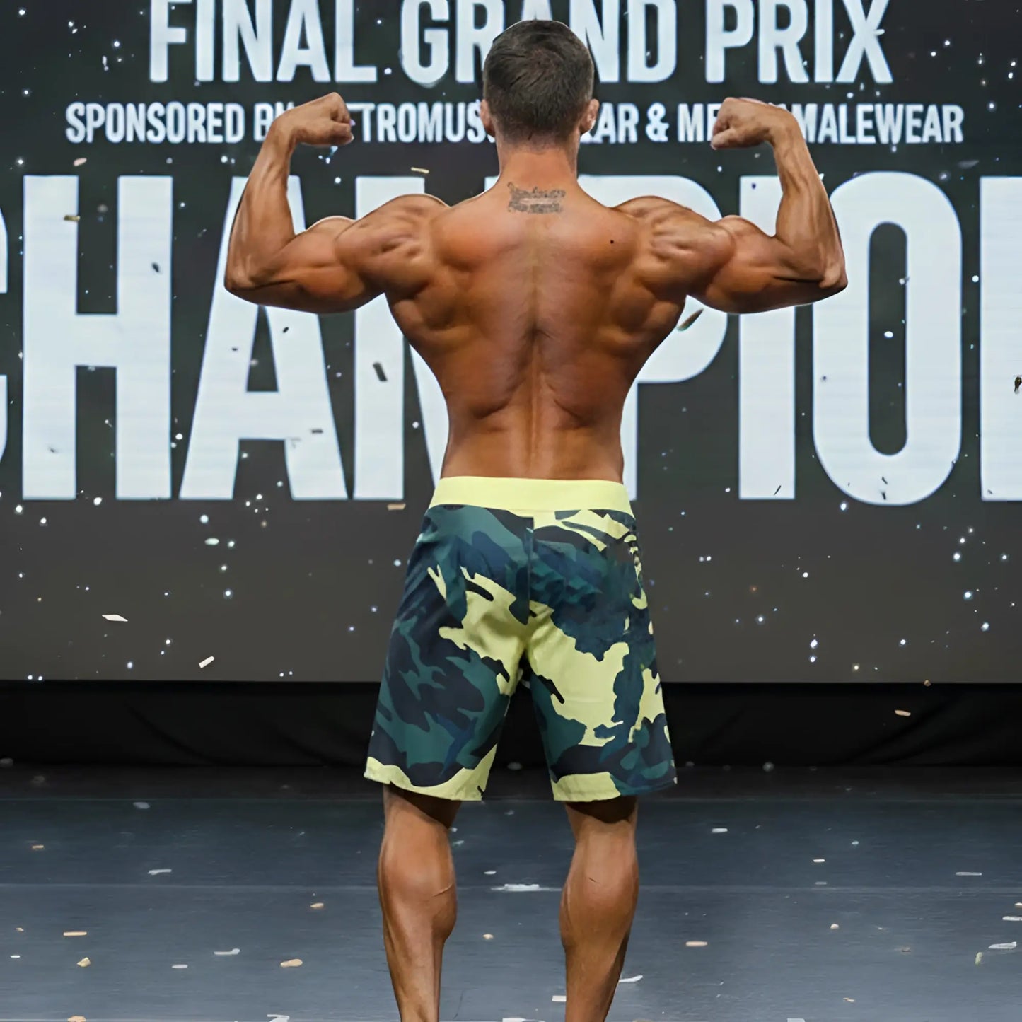 Metro male wear physique board short in yellow camo with camouflage pattern and yellow waistband for active wear