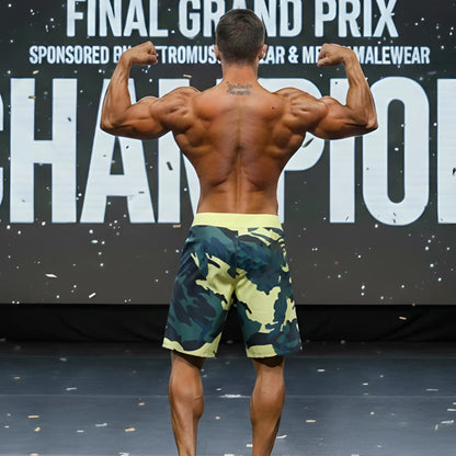 Metro male wear physique board short in yellow camo with camouflage pattern and yellow waistband for active wear
