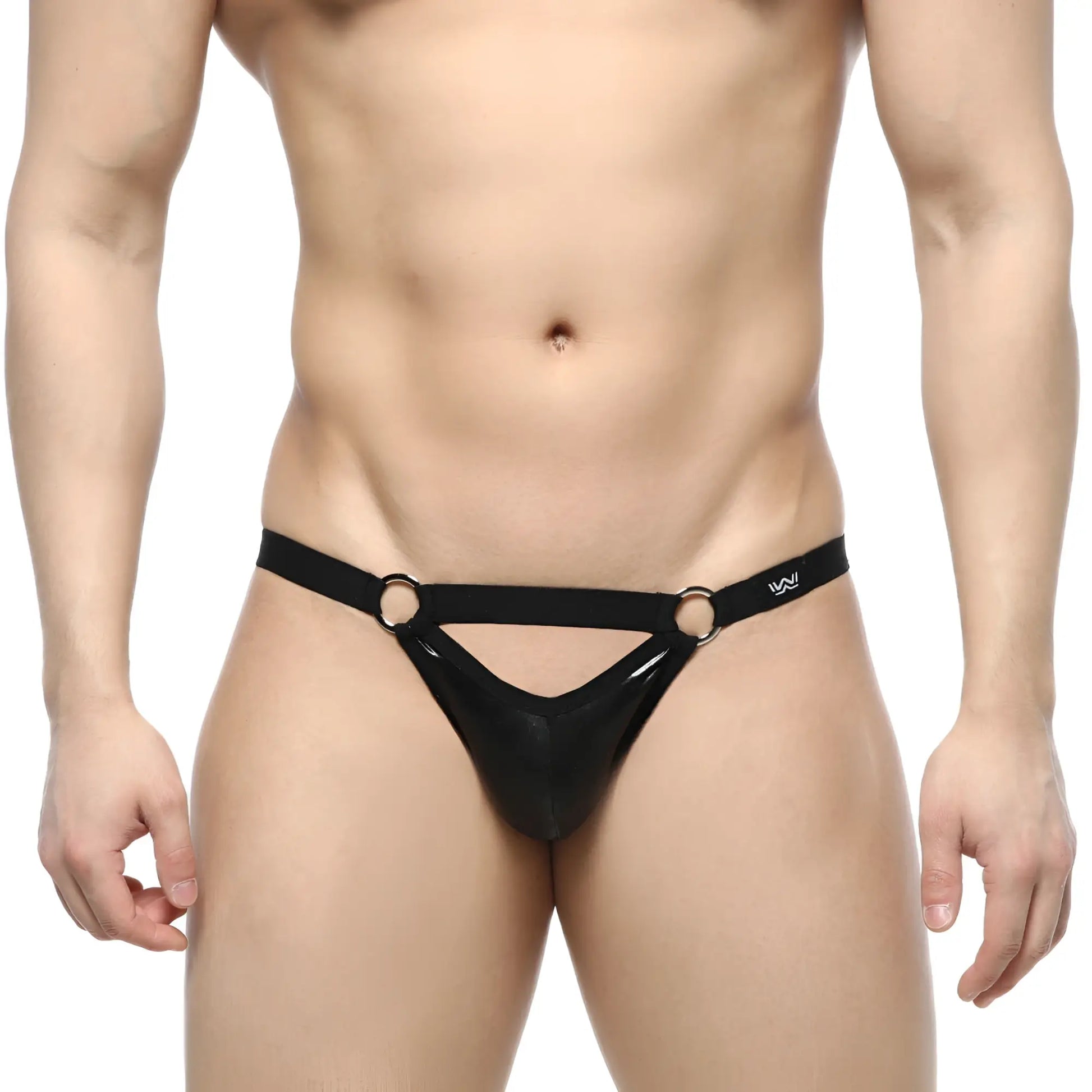 Black glossy latex thong with metal rings at waistband metroMalewear picante jock strap black 2921-20