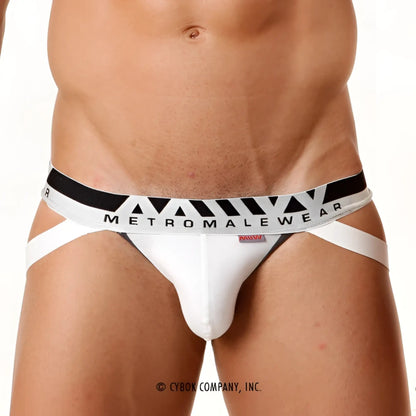White metromalewear pima cotton briefs with black and white geometric patterned waistband front view