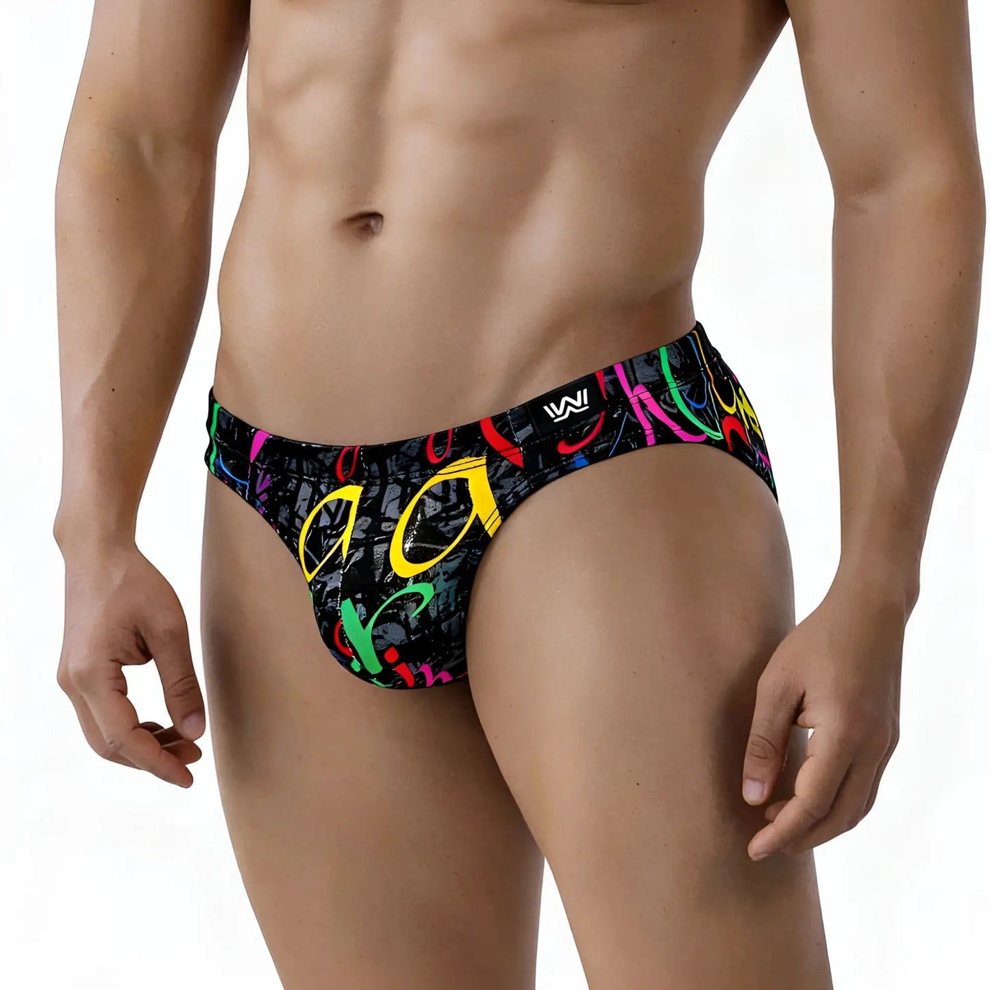 Black swim trunks by metromalewear with neon pink yellow green and red graffiti style graphic vibrant colors