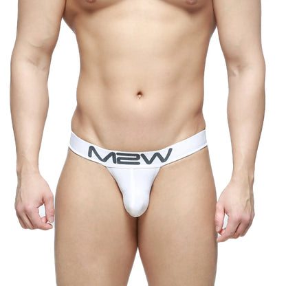 White MetroMaleWear M2W pocket thong with gray logo waistband designed for comfortable everyday wear