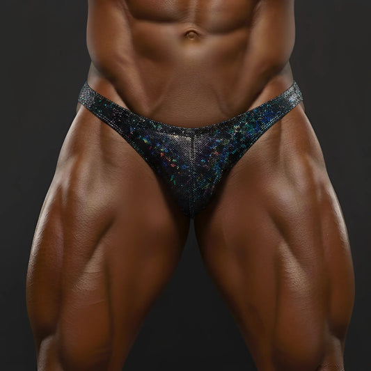 MetroMaleWear posingwear black crystal bowl posing suit shimmering black and blue holographic patterned briefs