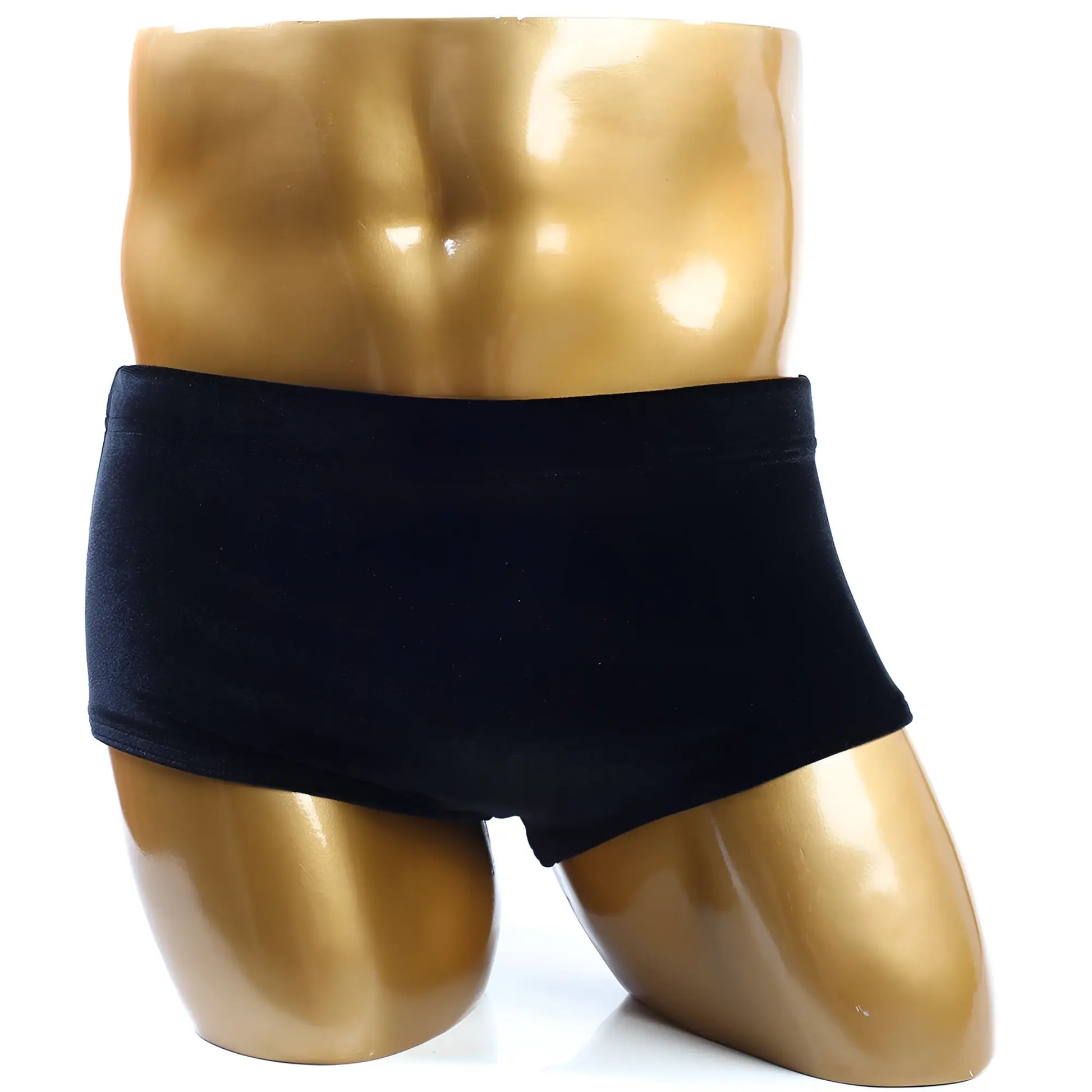 Black velvet MetroMaleWear posingwear classic bodybuilding trunk 6 inch displayed on a golden mannequin