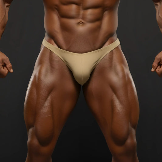 Beige MetroMaleWear PosingWear Core Gold athletic briefs with a snug, form-fitting design for posing suits