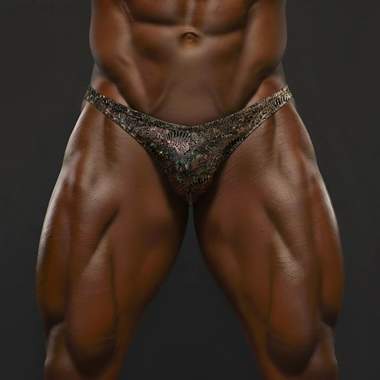 MetroMallewear gold peacock posing briefs with shimmering metallic snake-scale pattern for posingwear use