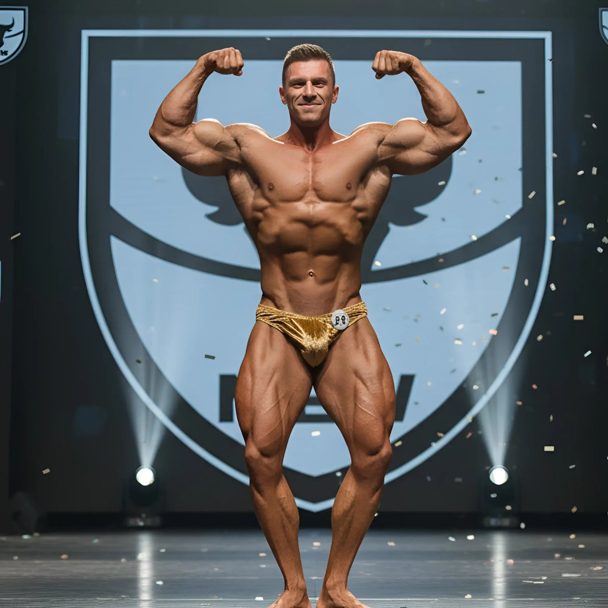 MetroMalewear PosingWear gold velvet posing suit metallic briefs with shiny textured surface and embroidered logo front