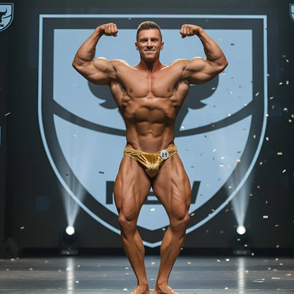 MetroMalewear PosingWear gold velvet posing suit metallic briefs with shiny textured surface and embroidered logo front