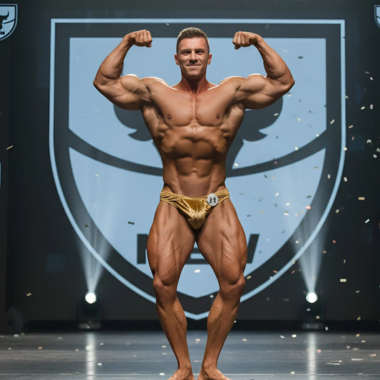 MetroMalewear PosingWear gold velvet posing suit metallic briefs with shiny textured surface and embroidered logo front