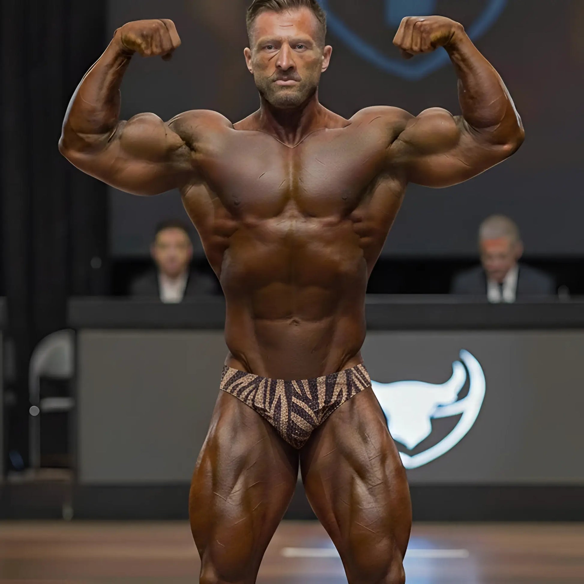 A muscular man flexing on stage wearing metro malewear posingwear gold zebra brown and beige zebra-striped briefs