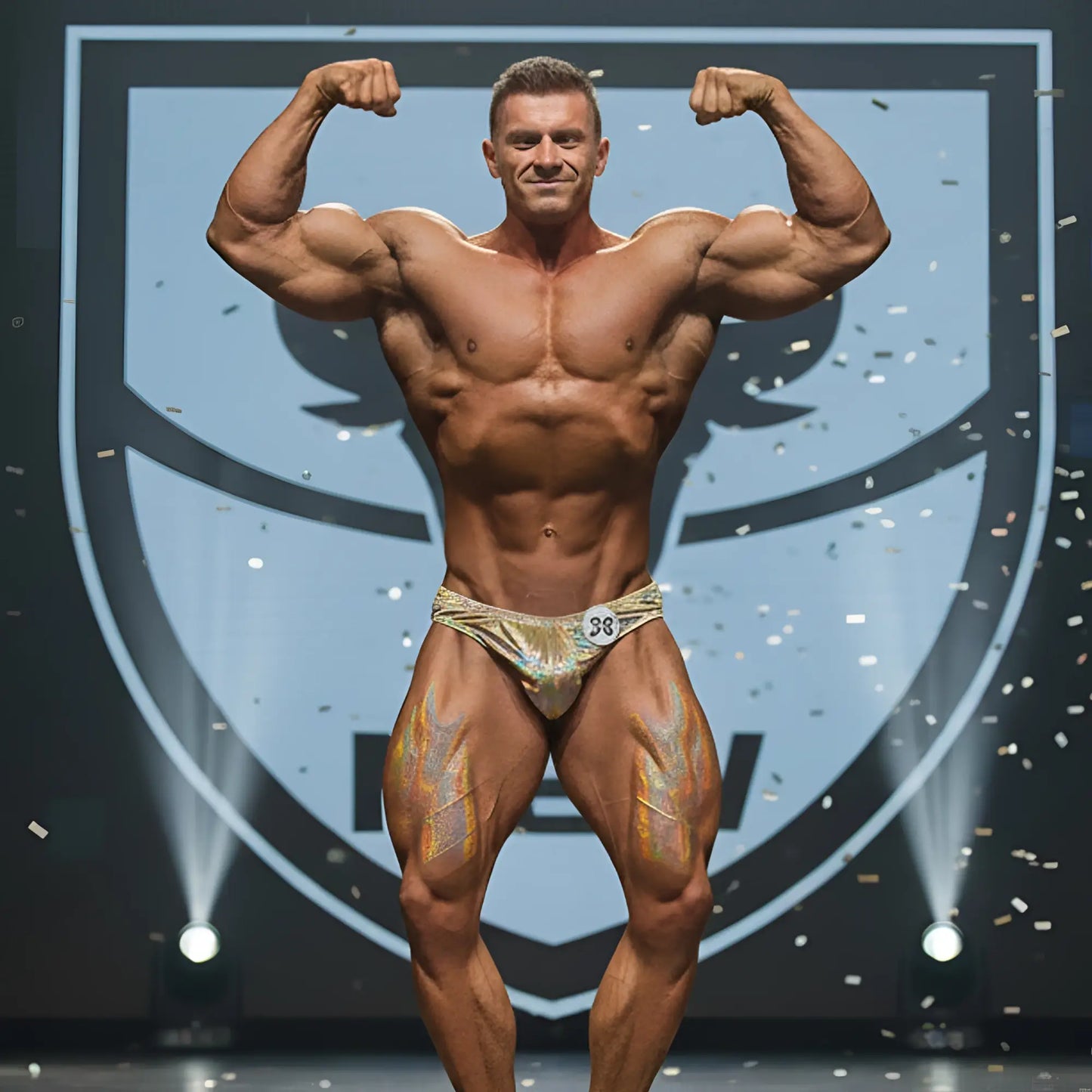 A muscular man wearing MetroMaleWear hologram gold posing suit with shiny gold-patterned briefs and number 38