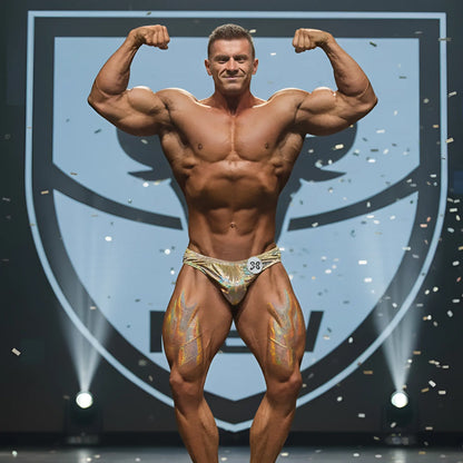 A muscular man wearing MetroMaleWear hologram gold posing suit with shiny gold-patterned briefs and number 38
