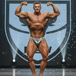 Shiny silver hologram briefs with number 93 by MetroMaleWear for posing wear and bodybuilding competitions