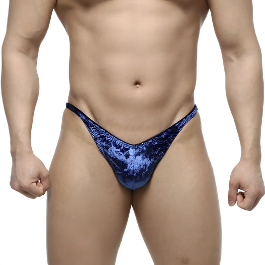 Blue velvet thong with a shimmering textured finish from MetroMaleWear IFBB pro posing suit collection in blue