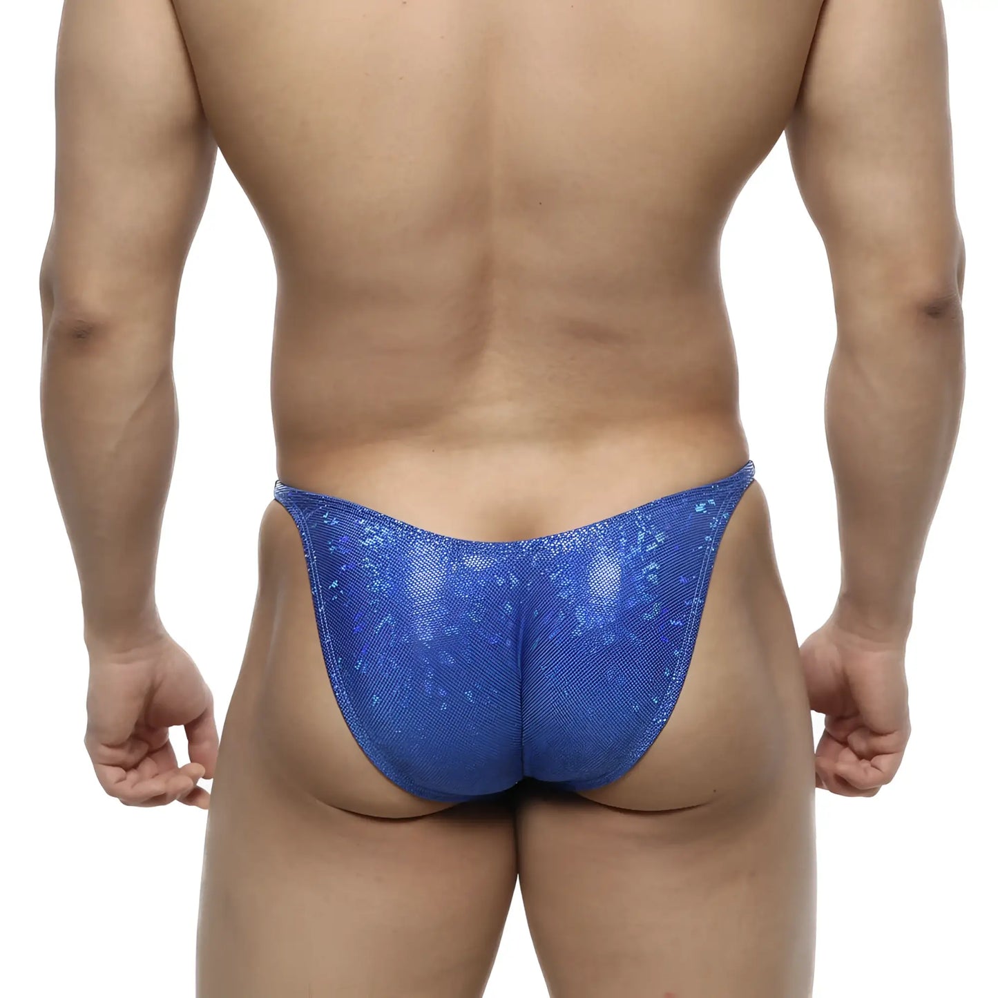 MetroMaleWear posingwear IFBB PRO dazzling blue thong with shiny blue sequined textured surface for competition use