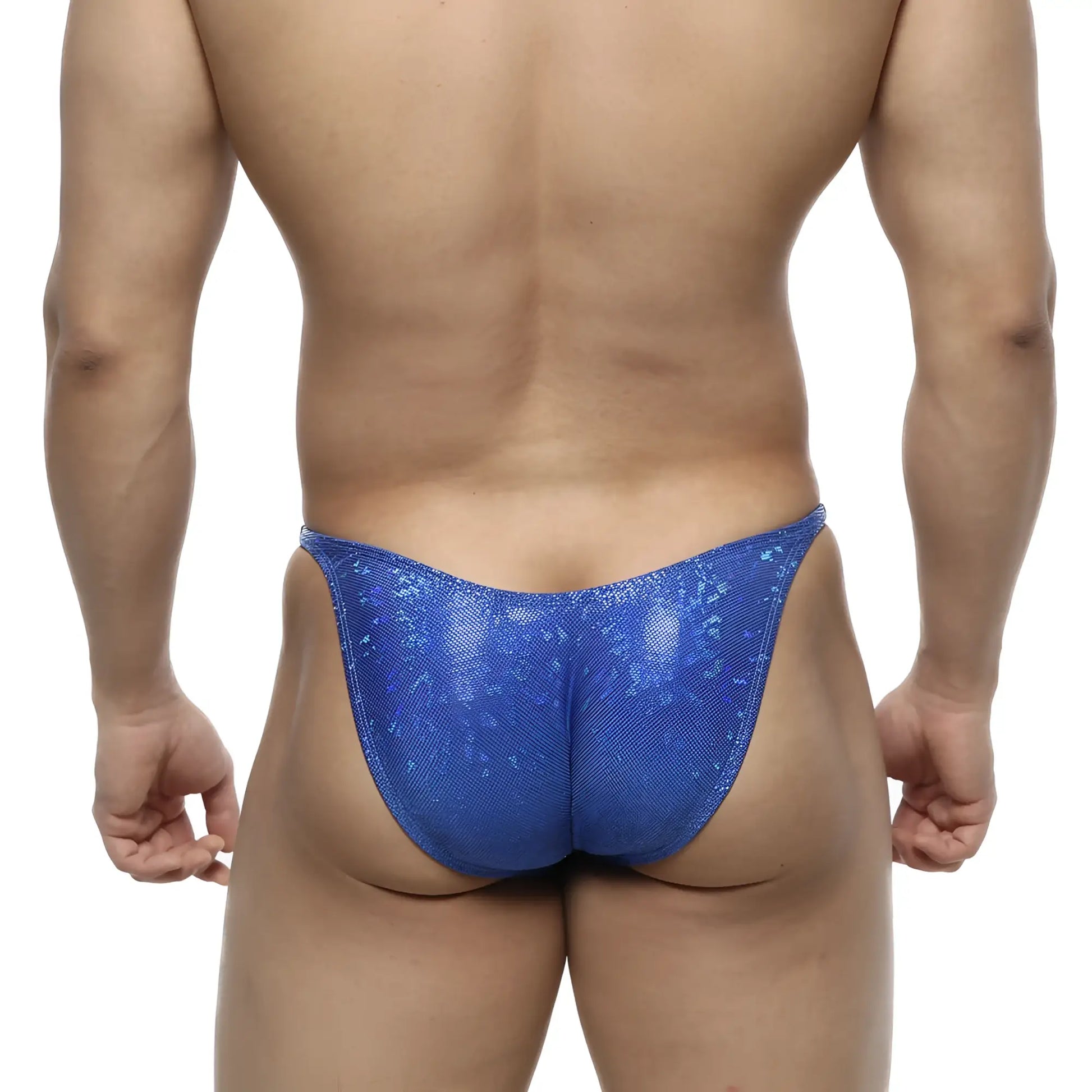 MetroMaleWear posingwear IFBB PRO dazzling blue thong with shiny blue sequined textured surface for competition use