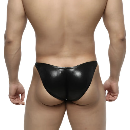 Black glossy faux leather thong with sleek minimalist design for metroMalewear IFBB PRO posing suit leather